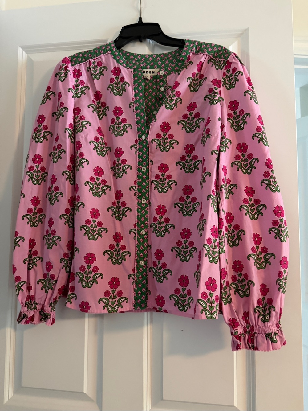 Boden Pink Floral Button-Front Blouse with Green Trim